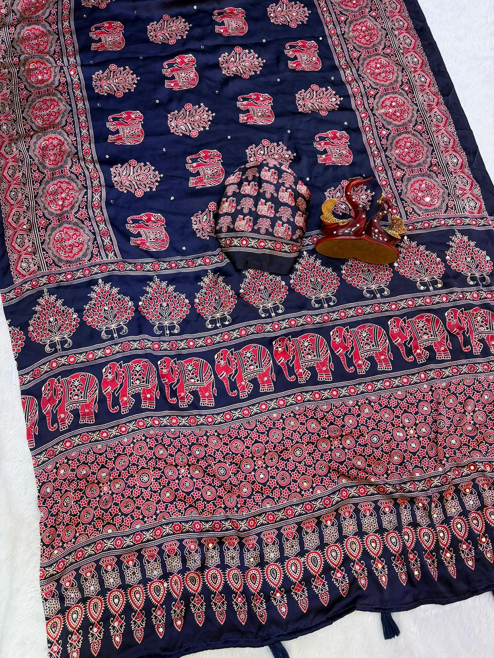 Ajrakh Crepe Silk Sarees with Mirror Work NAVY BLUE