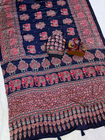 Ajrakh Crepe Silk Sarees with Mirror Work NAVY BLUE