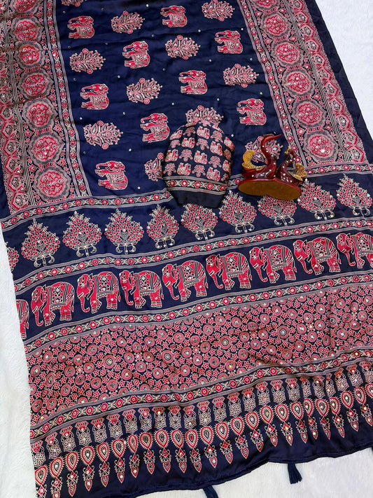 Ajrakh Crepe Silk Sarees with Mirror Work NAVY BLUE
