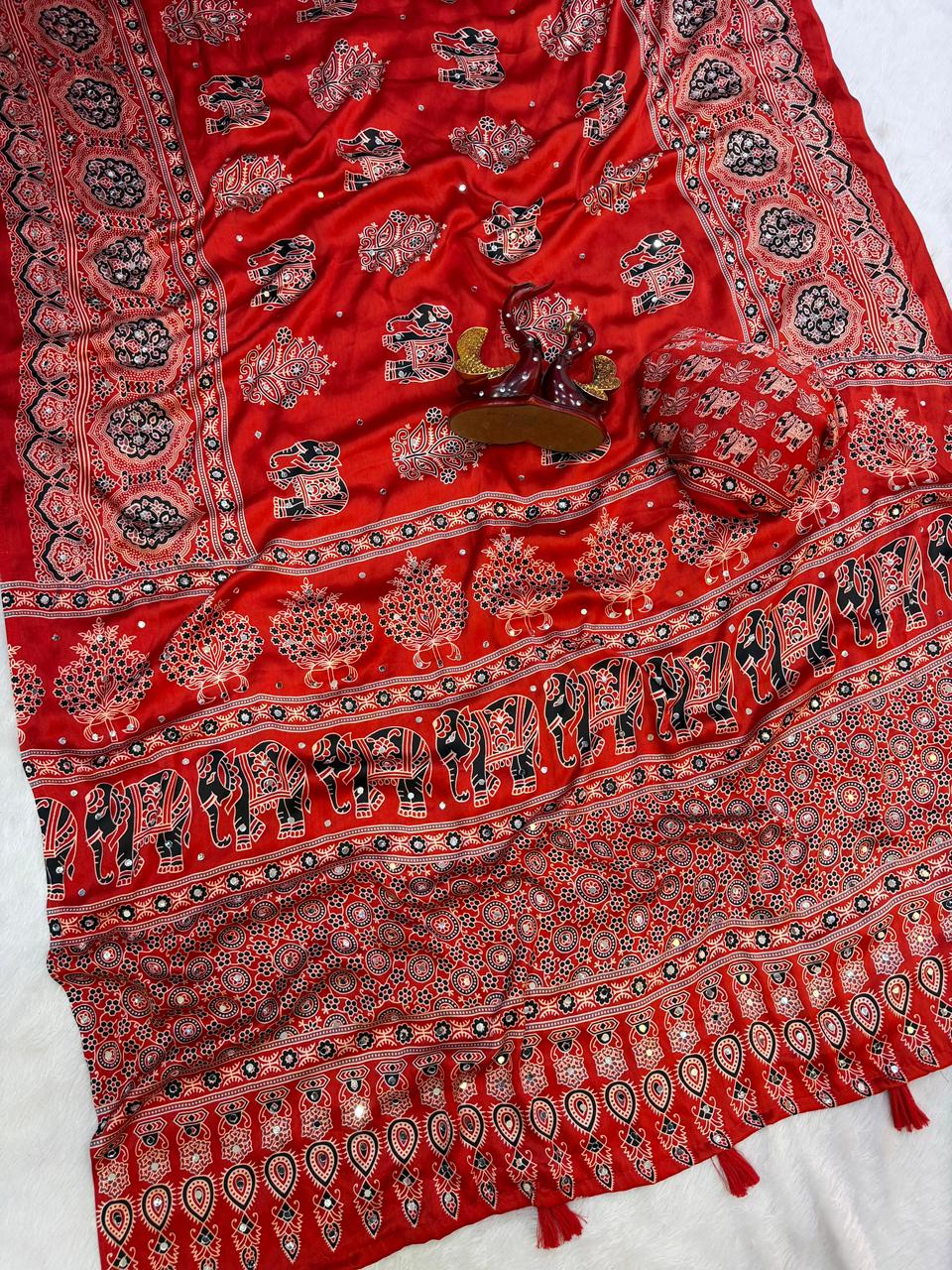 Ajrakh Crepe Silk Sarees with Mirror Work RED
