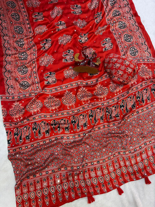 Ajrakh Crepe Silk Sarees with Mirror Work RED