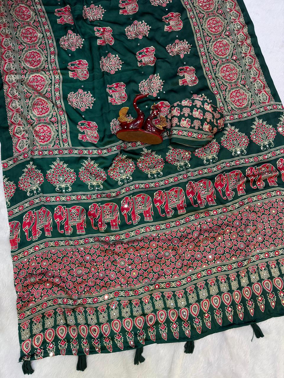 Ajrakh Crepe Silk Sarees with Mirror Work BOTTLE GREEN
