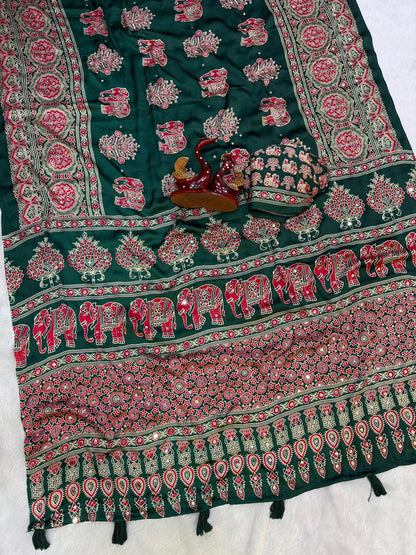 Ajrakh Crepe Silk Sarees with Mirror Work BOTTLE GREEN