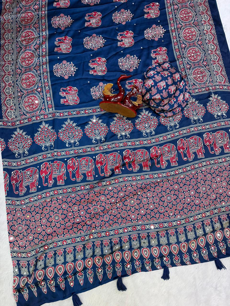 Ajrakh Crepe Silk Sarees with Mirror Work DARK RAMA BLUE