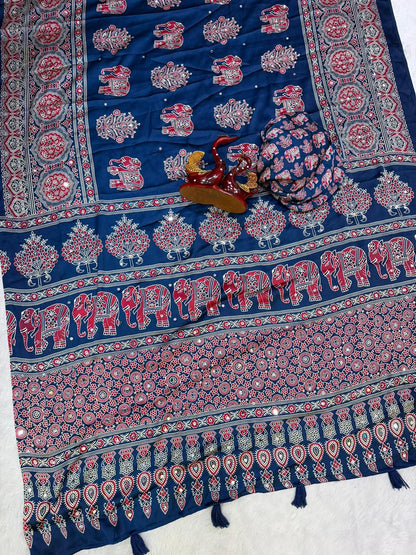 Ajrakh Crepe Silk Sarees with Mirror Work DARK RAMA BLUE