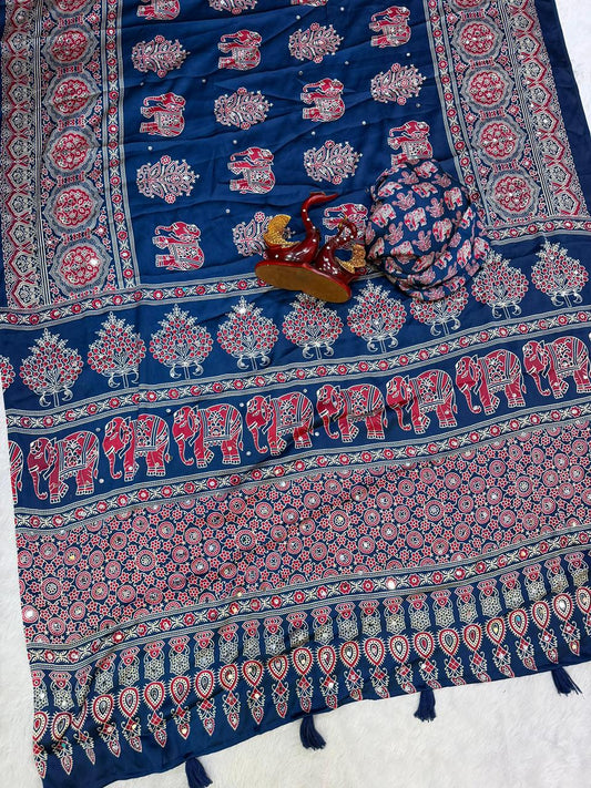 Ajrakh Crepe Silk Sarees with Mirror Work DARK RAMA BLUE