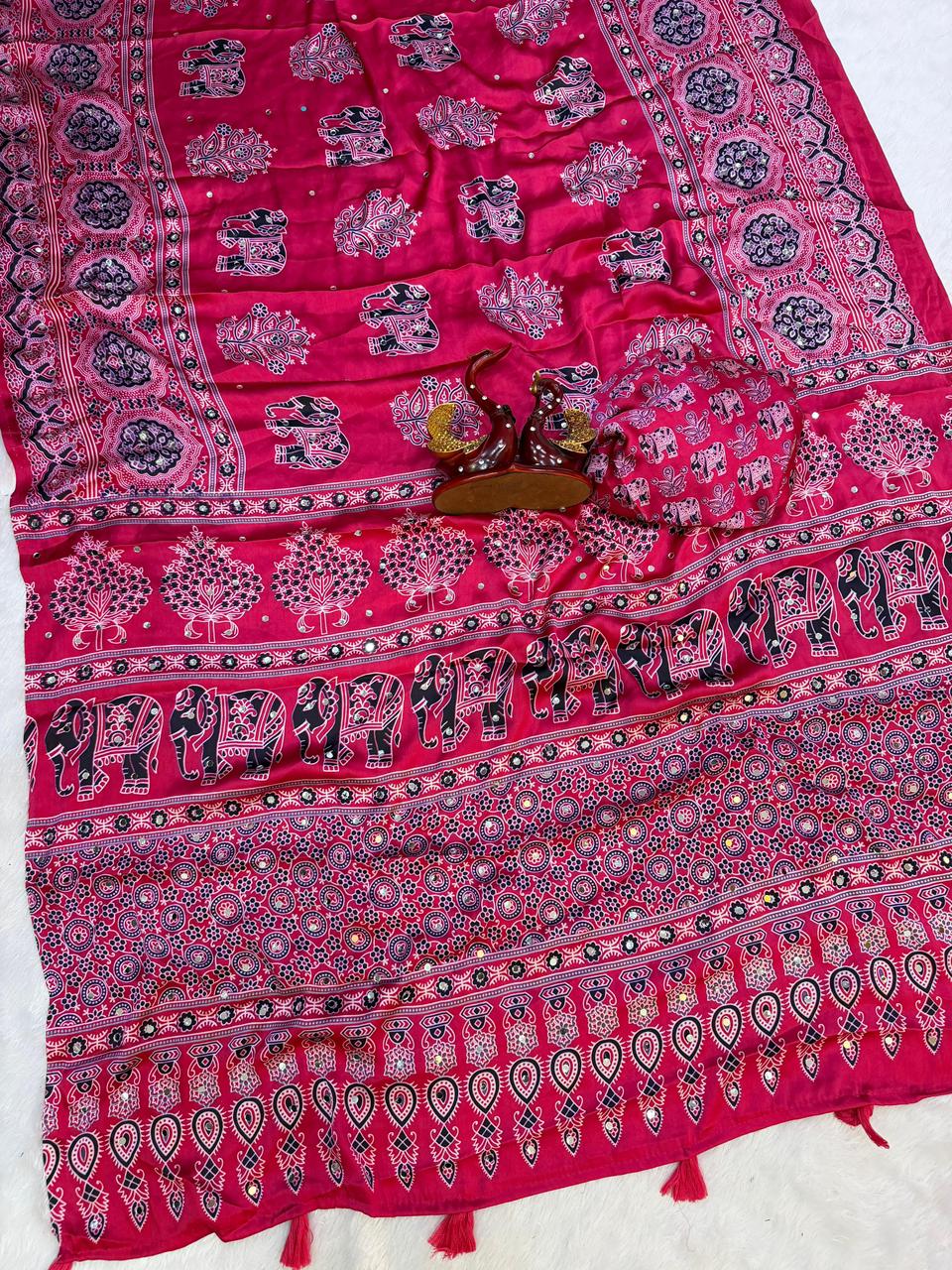 Ajrakh Crepe Silk Sarees with Mirror Work RANI PINK