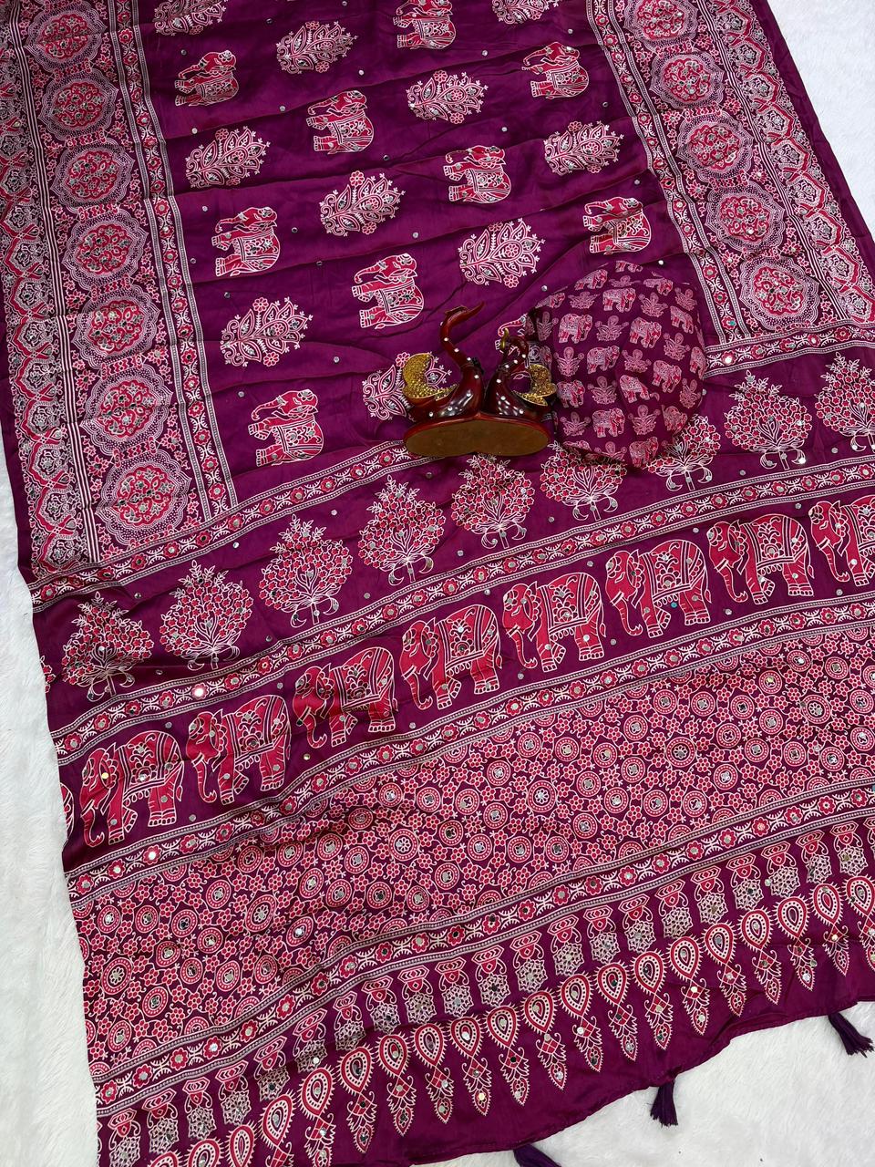 Ajrakh Crepe Silk Sarees with Mirror Work WINE