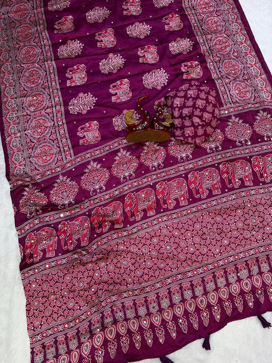 Ajrakh Crepe Silk Sarees with Mirror Work WINE