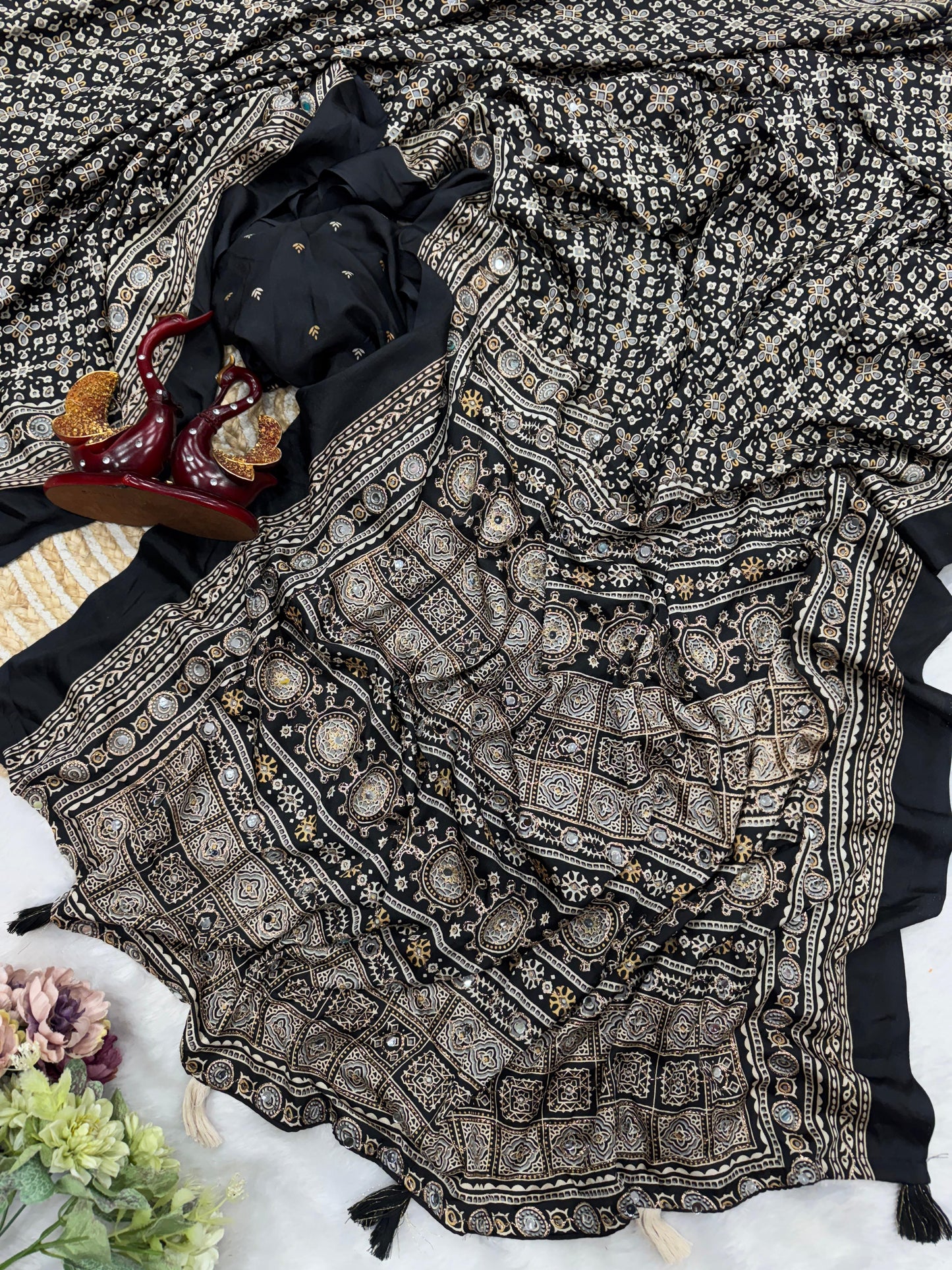 Ajrakh Crepe Silk Sarees with Mirror Work BLACK