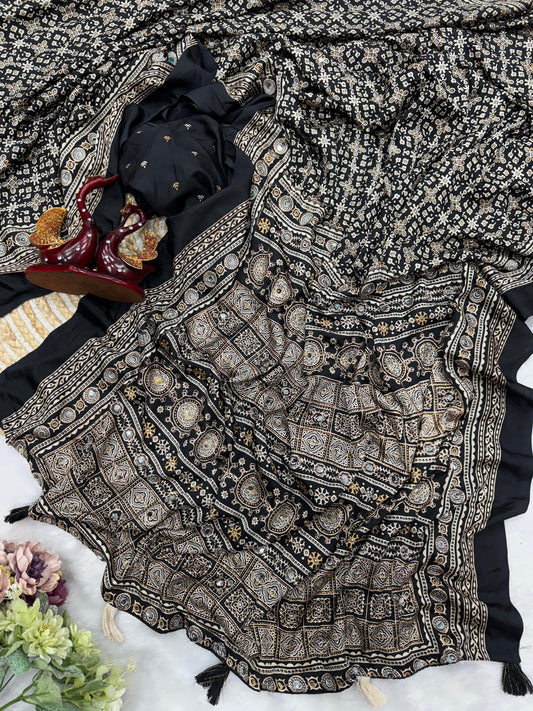 Ajrakh Crepe Silk Sarees with Mirror Work BLACK