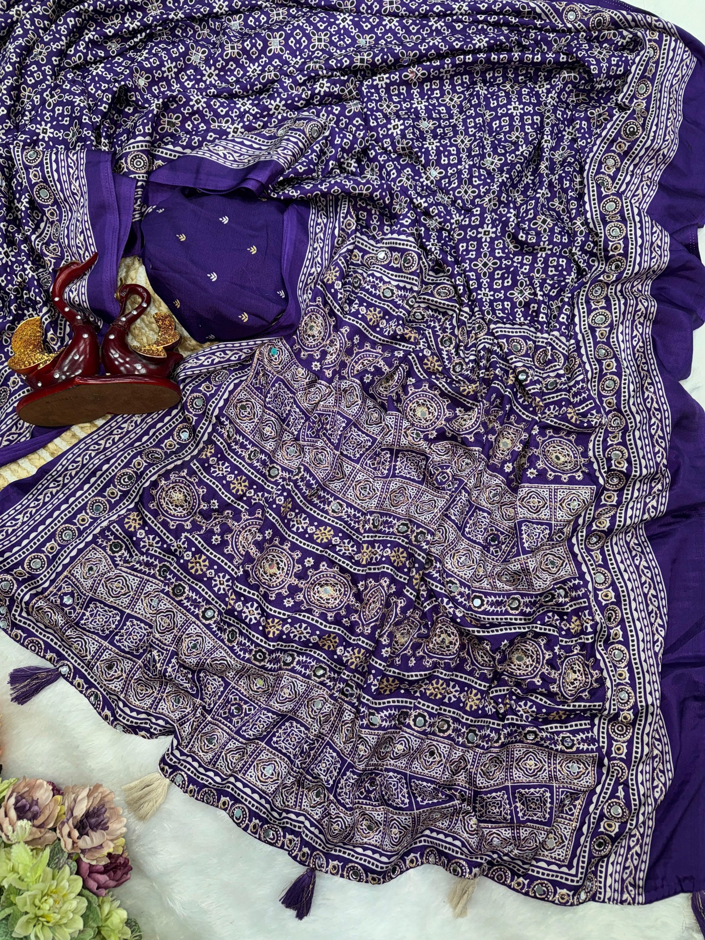 Ajrakh Crepe Silk Sarees with Mirror Work VIOLET