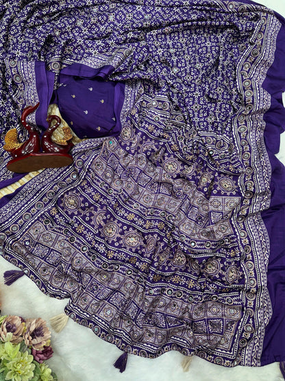 Ajrakh Crepe Silk Sarees with Mirror Work VIOLET