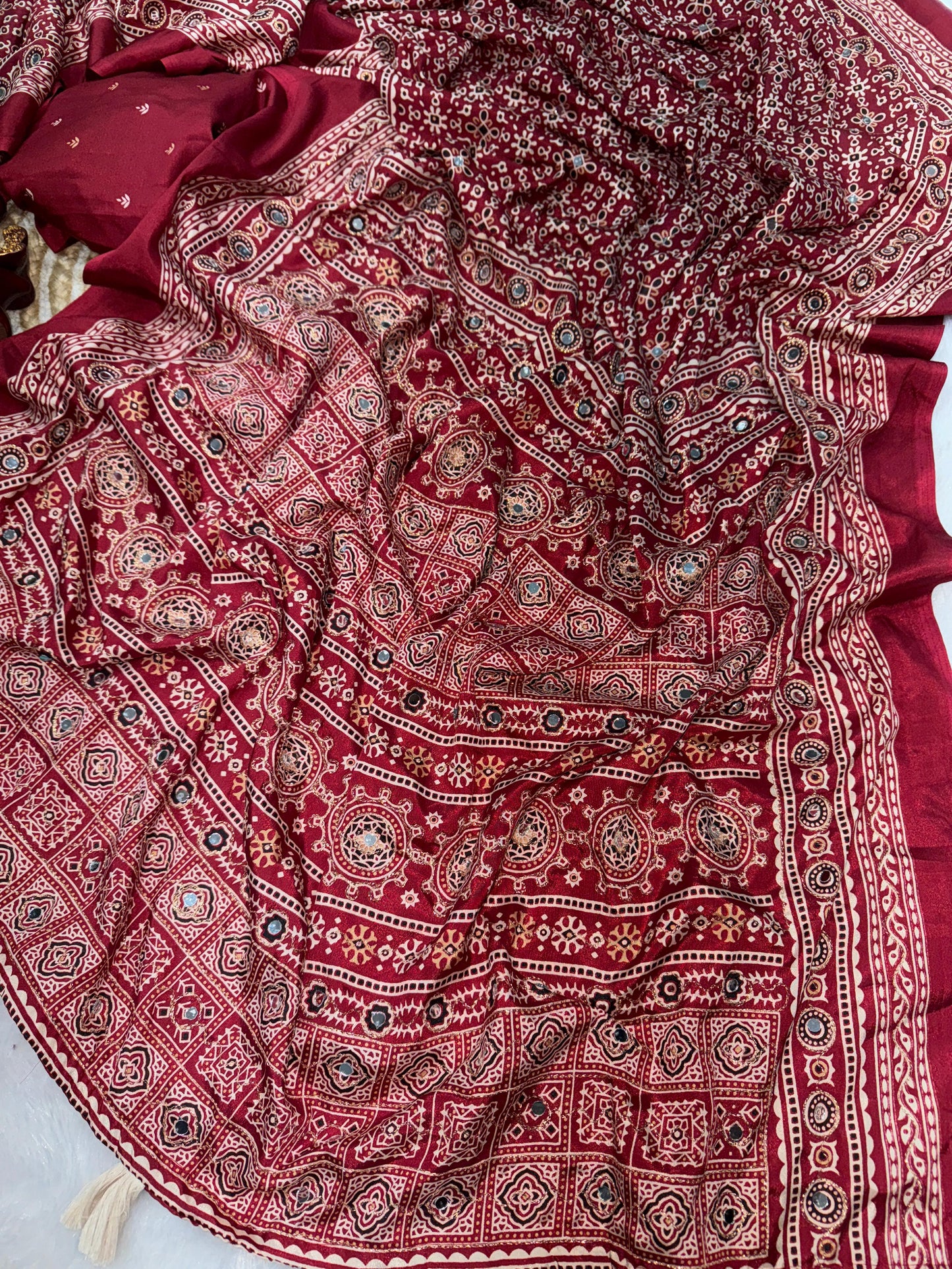 Ajrakh Crepe Silk Sarees with Mirror Work DARK RED