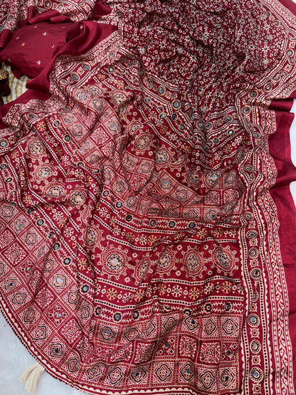Ajrakh Crepe Silk Sarees with Mirror Work DARK RED