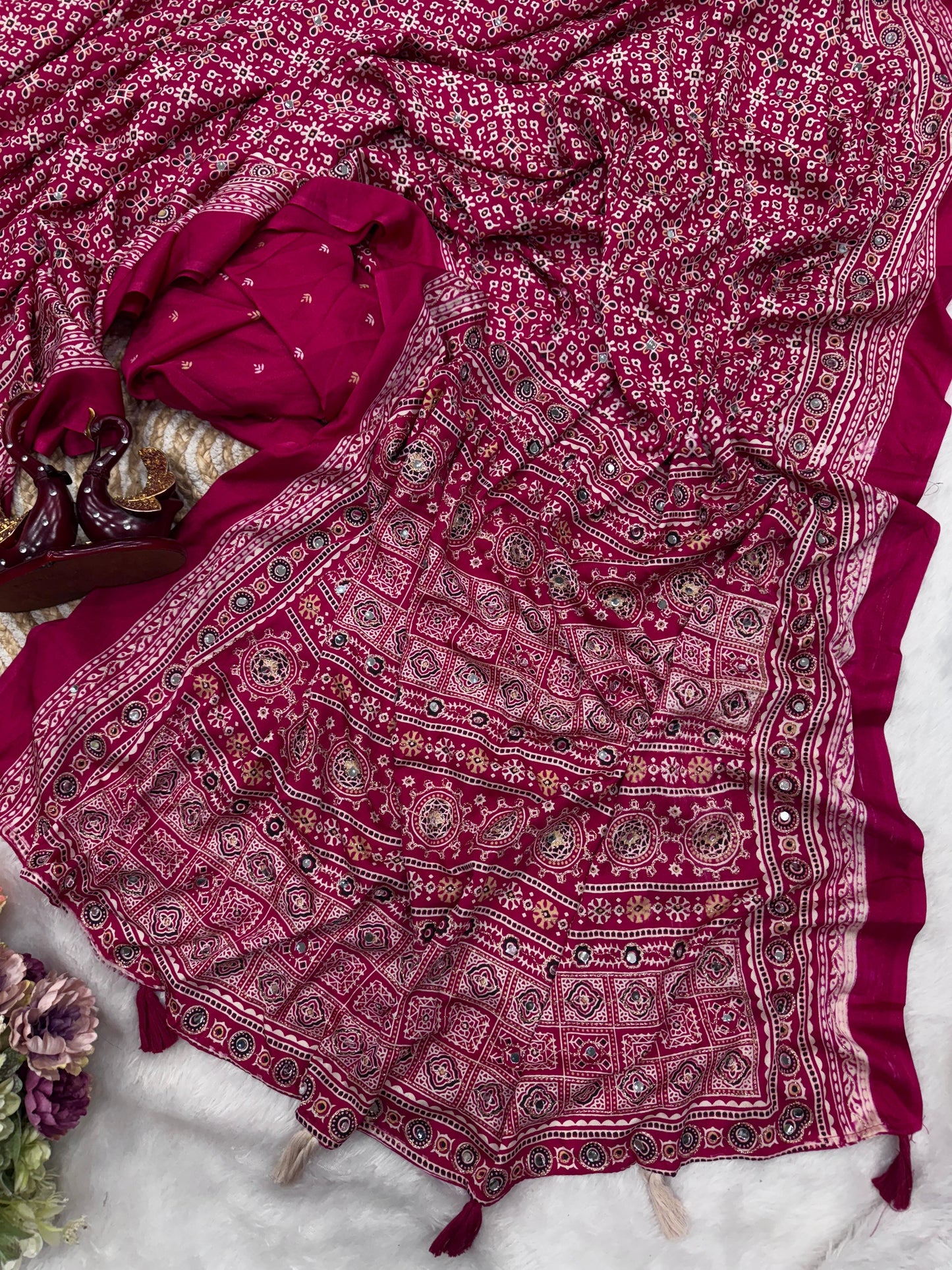 Ajrakh Crepe Silk Sarees with Mirror Work RANI PINK