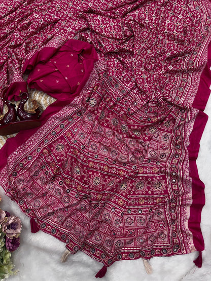 Ajrakh Crepe Silk Sarees with Mirror Work RANI PINK