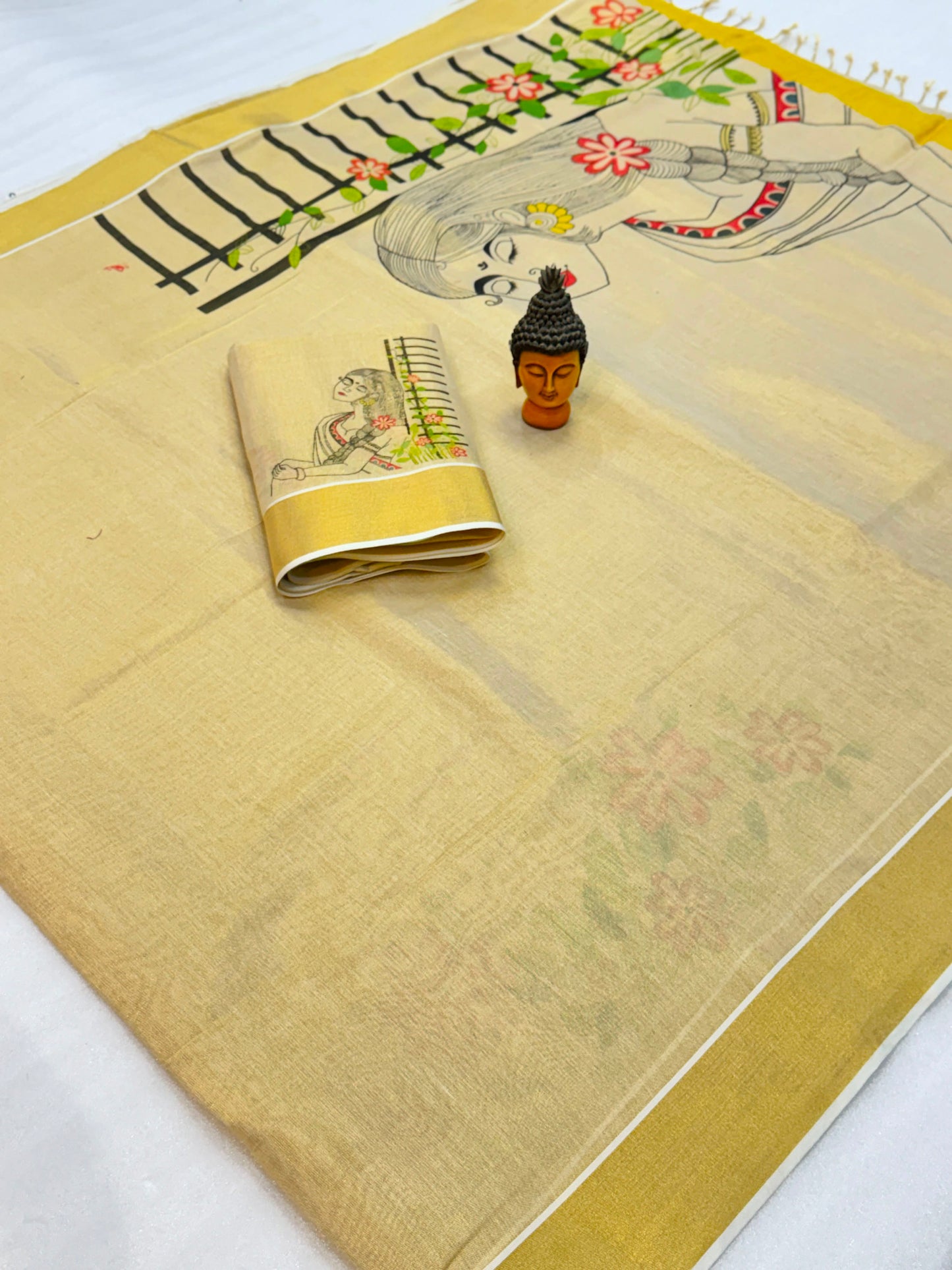 Kerala Tissue Saree with Digital Motif Prints – ₹1100