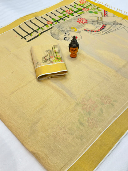 Kerala Tissue Saree with Digital Motif Prints – ₹1100