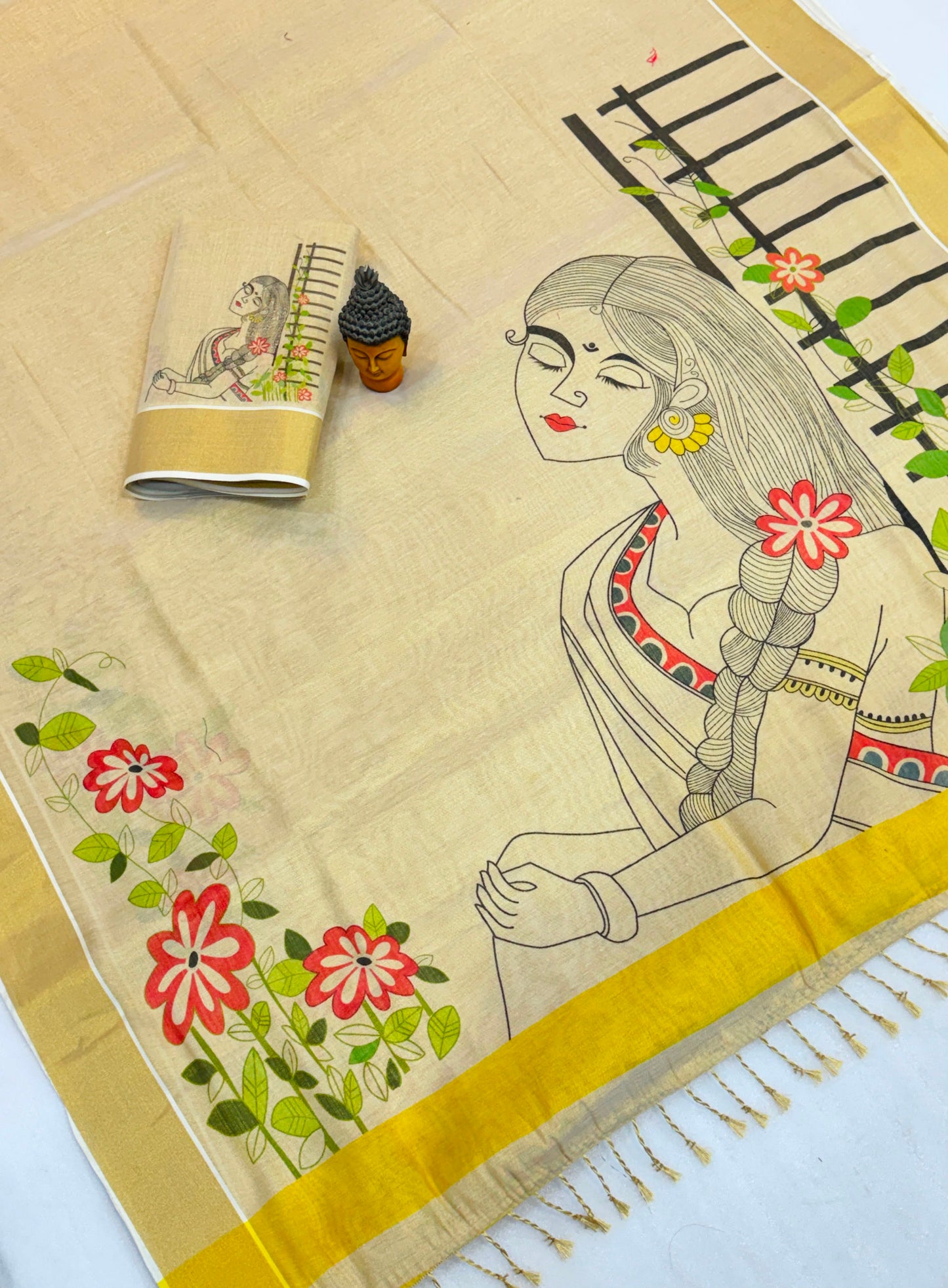 Kerala Tissue Saree with Digital Motif Prints – ₹1100