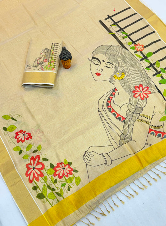 Kerala Tissue Saree with Digital Motif Prints – ₹1100