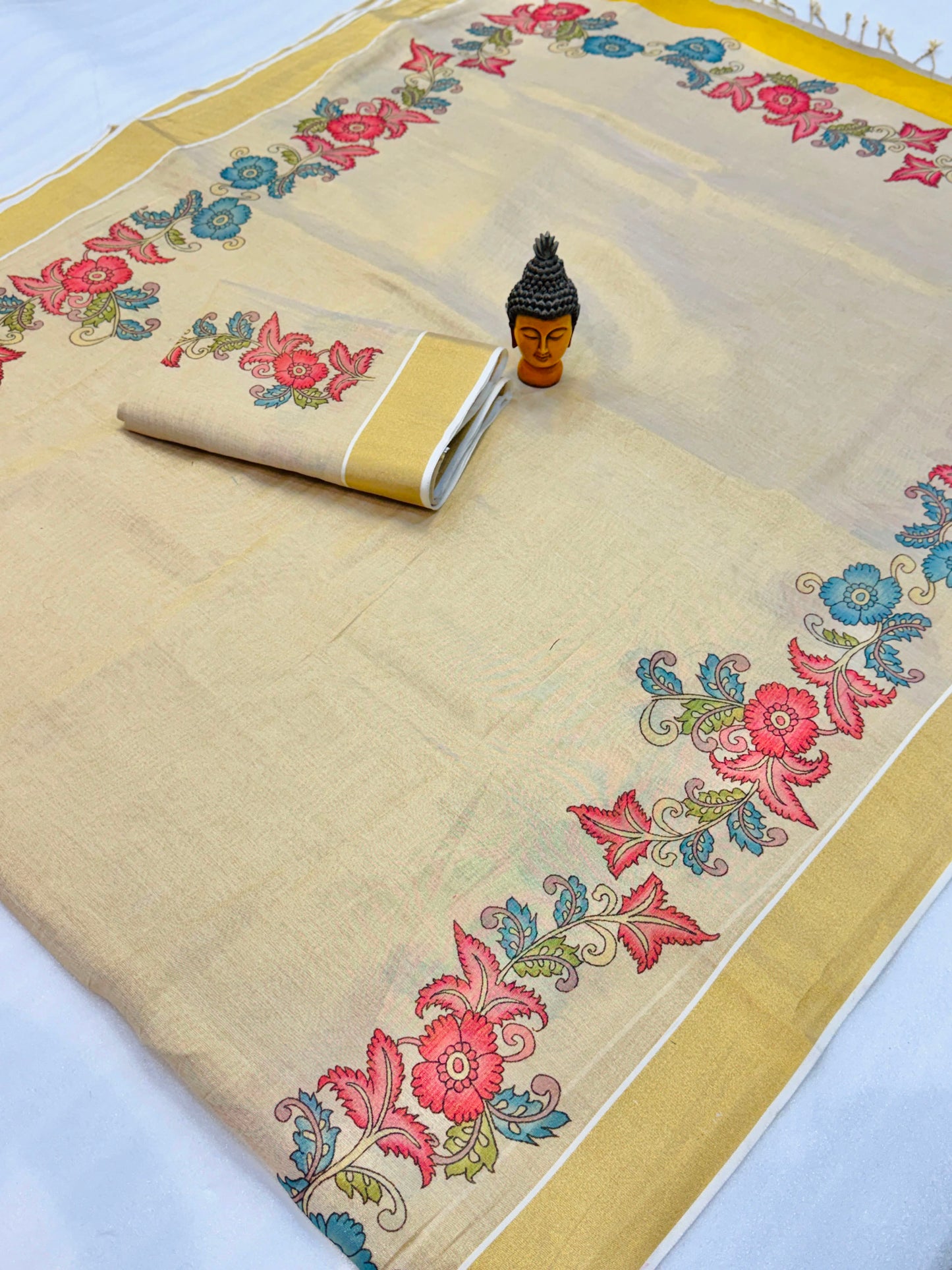 Kerala Tissue Saree with Digital Motif Prints – ₹1100