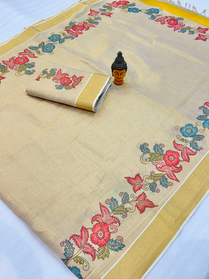 Kerala Tissue Saree with Digital Motif Prints – ₹1100