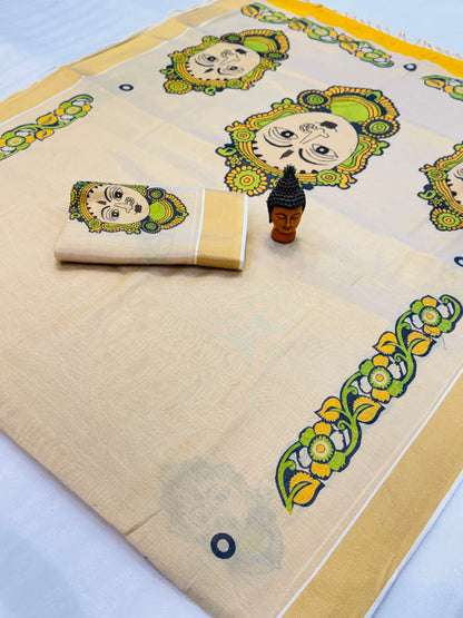 Kerala Tissue Saree with Digital Motif Prints – ₹1100