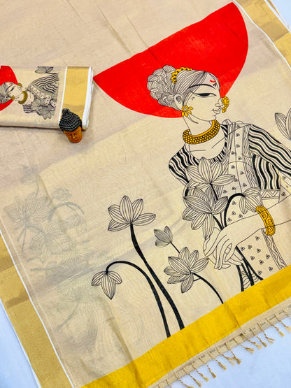 Kerala Tissue Saree with Digital Motif Prints – ₹1100