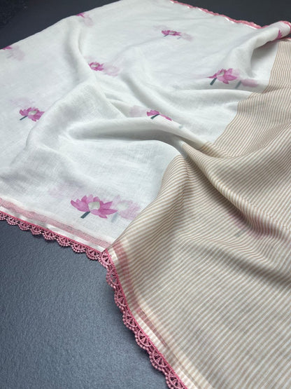 Linen Slub Cotton Saree with Lotus Print & Crochet Lace Borders – ₹899