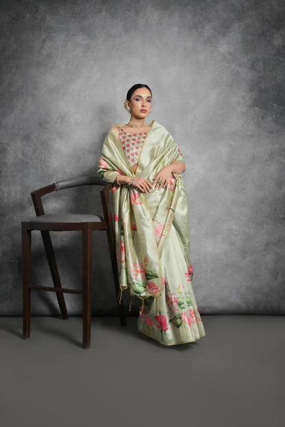 Semi Tussar Silk Floral Saree with Printed Running Blouse – ₹1050