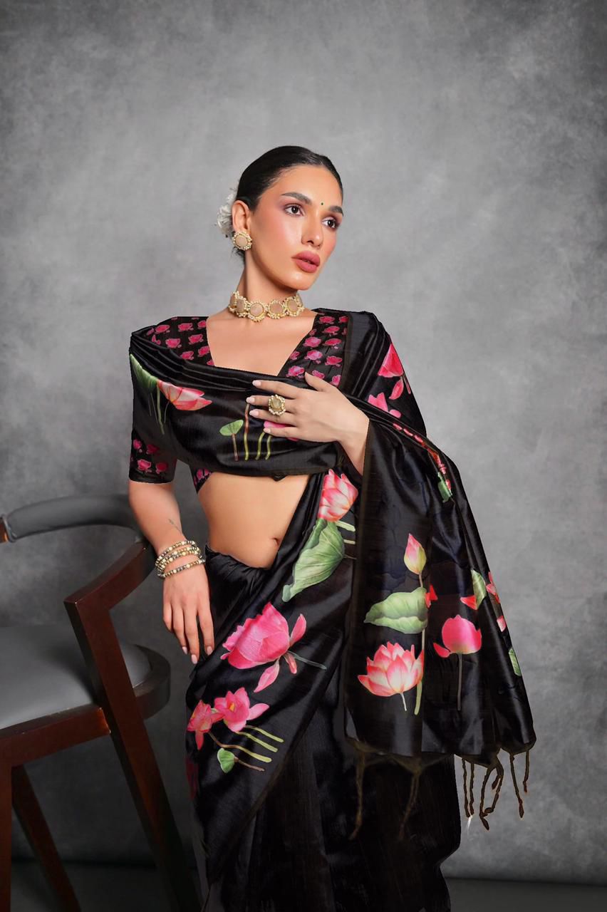 Semi Tussar Silk Floral Saree with Printed Running Blouse – ₹1050