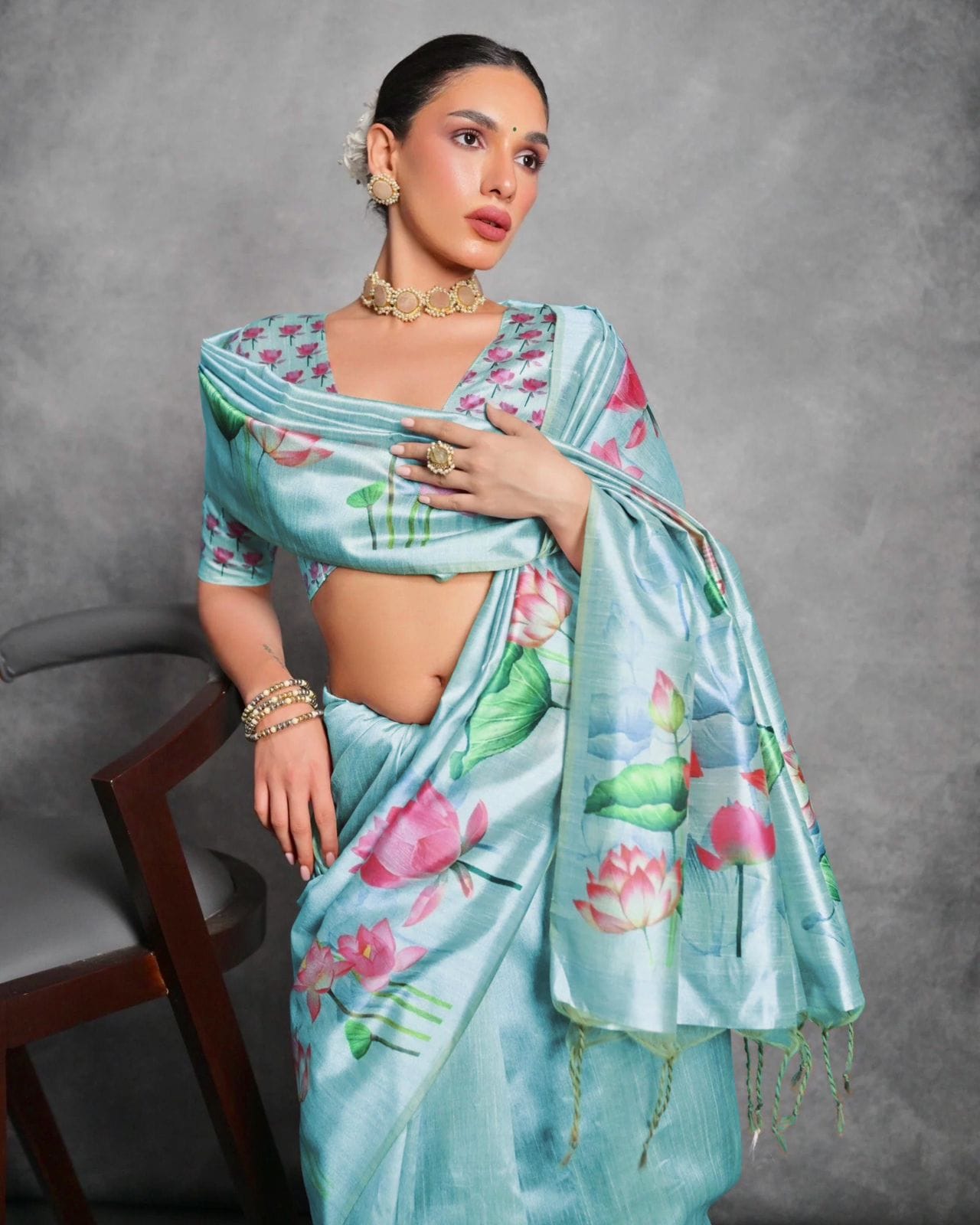 Semi Tussar Silk Floral Saree with Printed Running Blouse – ₹1050