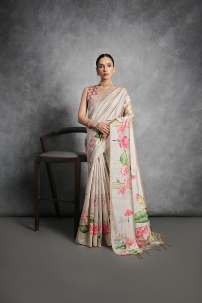 Semi Tussar Silk Floral Saree with Printed Running Blouse – ₹1050