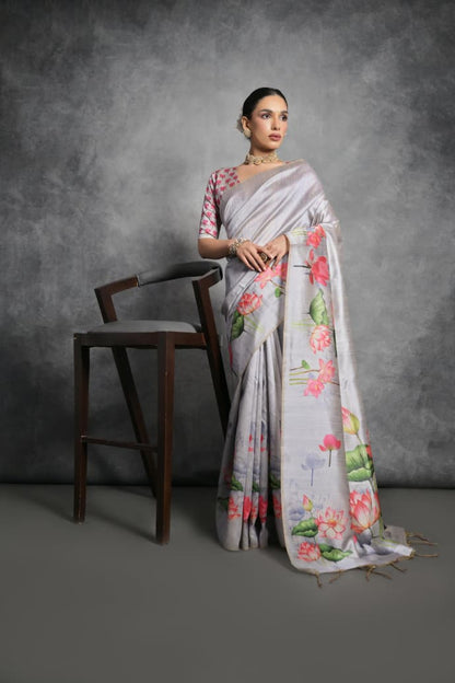 Semi Tussar Silk Floral Saree with Printed Running Blouse – ₹1050
