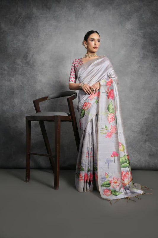 Semi Tussar Silk Floral Saree with Printed Running Blouse – ₹1050