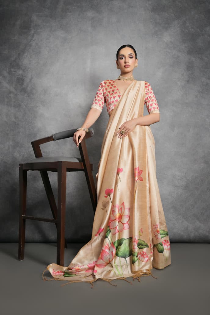 Semi Tussar Silk Floral Saree with Printed Running Blouse – ₹1050