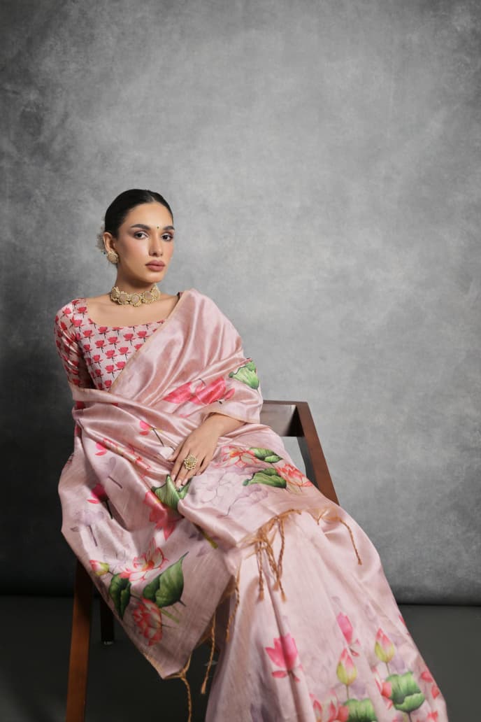 Semi Tussar Silk Floral Saree with Printed Running Blouse – ₹1050