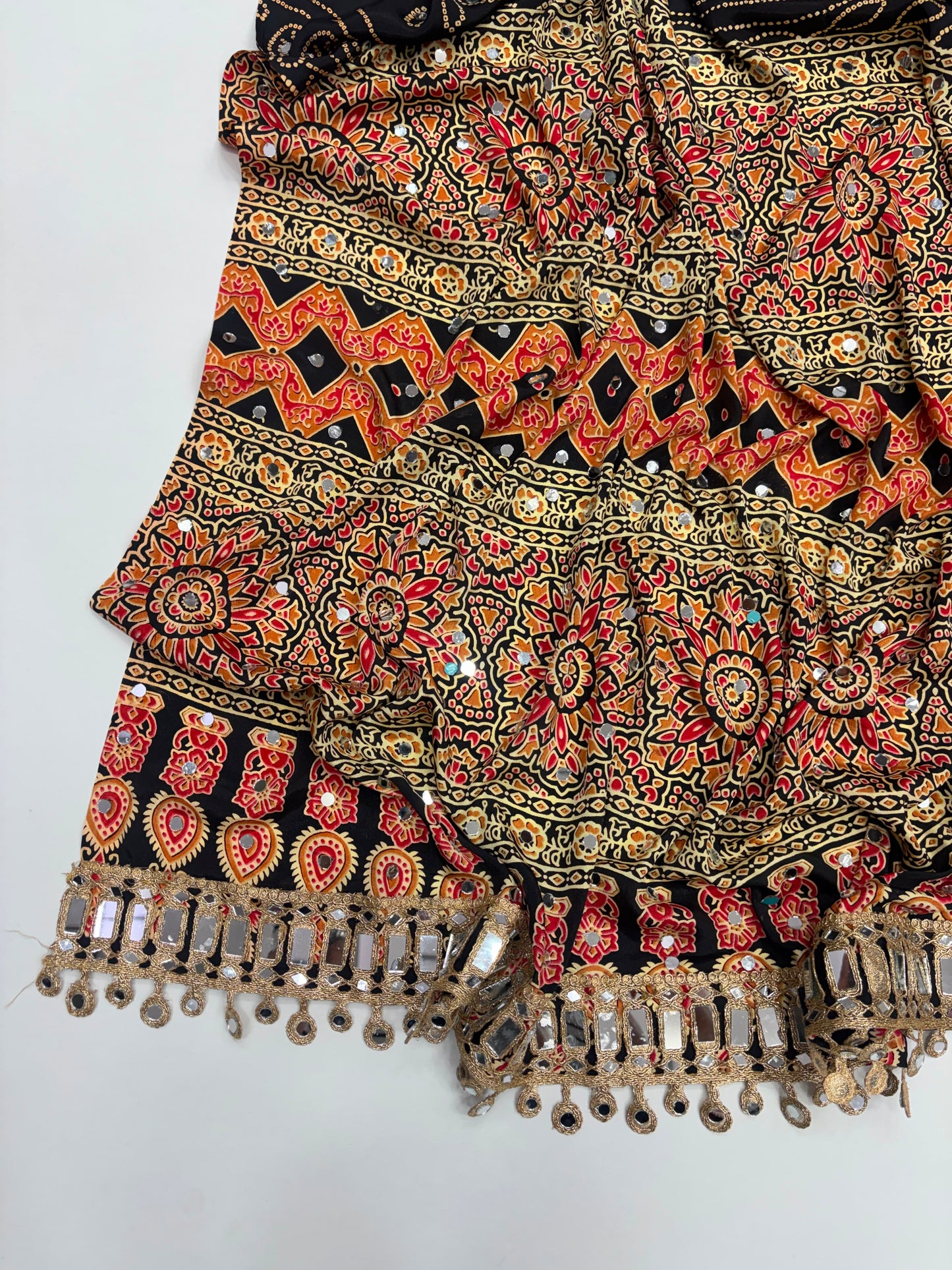 Ajrakh Crepe Silk Real Mirror Work Saree – ₹1399