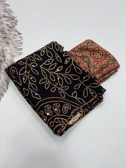 Ajrakh Crepe Silk Real Mirror Work Saree – ₹1399