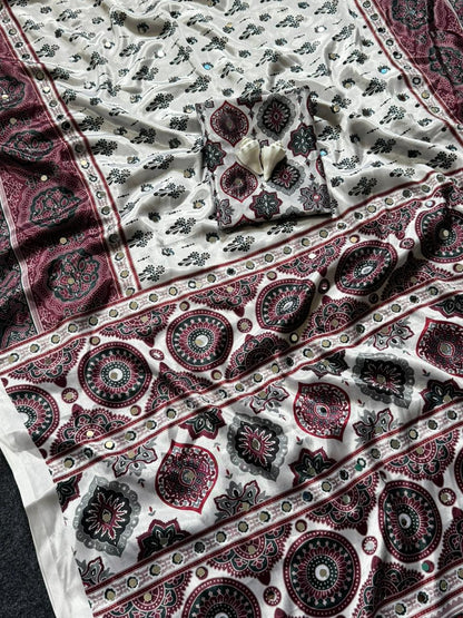 Ajrakh Crepe Silk Real Mirror Work Saree – ₹1399