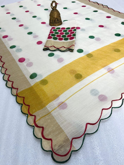 Linen Slub Cotton Saree with Polka Dots & Scalloped Borders – ₹999