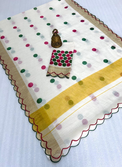 Linen Slub Cotton Saree with Polka Dots & Scalloped Borders – ₹999