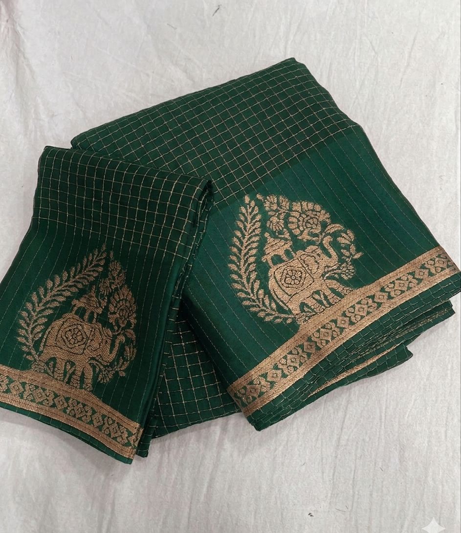 Viscose Chinnon Silk Saree with Checked Pattern & Zari Borders – ₹1500