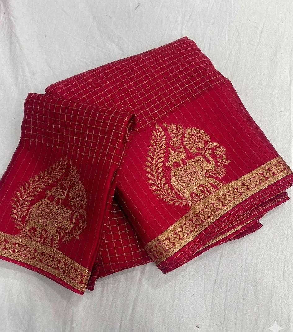 Viscose Chinnon Silk Saree with Checked Pattern & Zari Borders – ₹1500