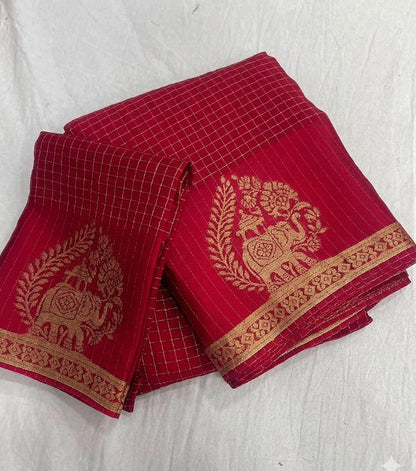 Viscose Chinnon Silk Saree with Checked Pattern & Zari Borders – ₹1500