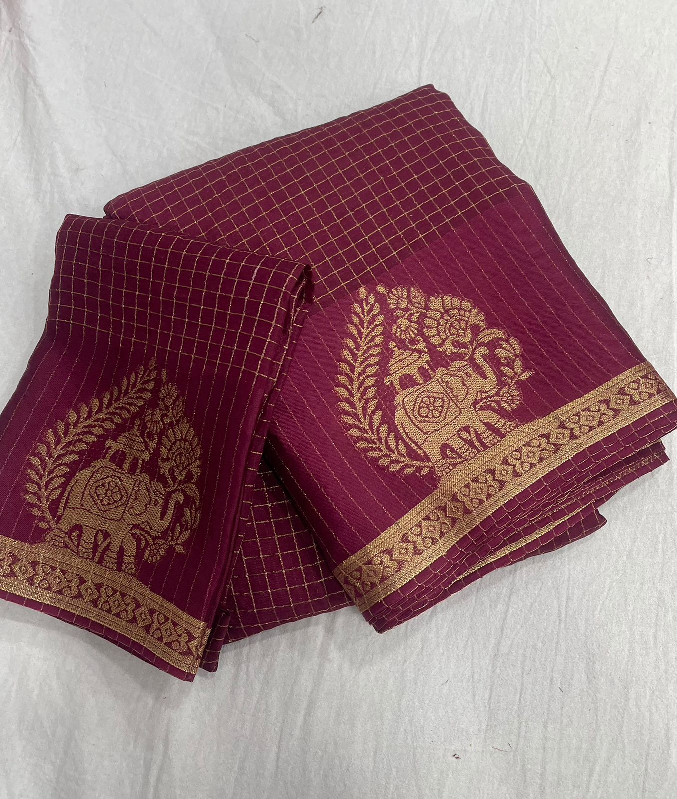 Viscose Chinnon Silk Saree with Checked Pattern & Zari Borders – ₹1500