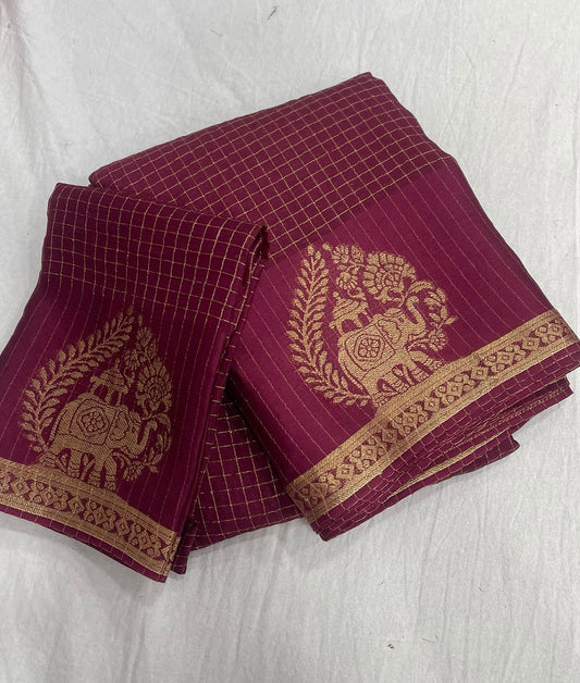 Viscose Chinnon Silk Saree with Checked Pattern & Zari Borders – ₹1500