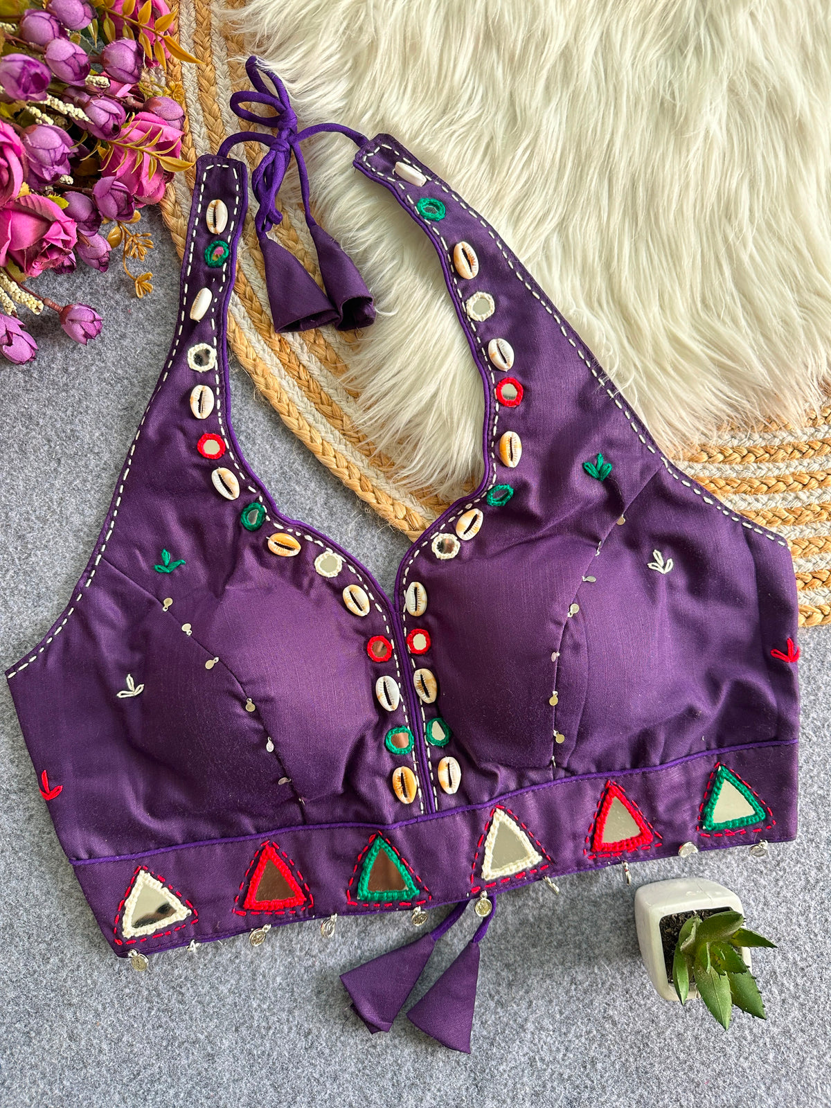 Navaratri Kodi & Mirror Work Halter Neck Readymade Blouse