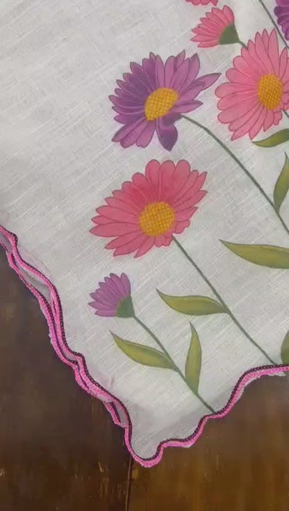 Satranga MG346 Plain Linen Saree with Digital Print & Cutwork Border